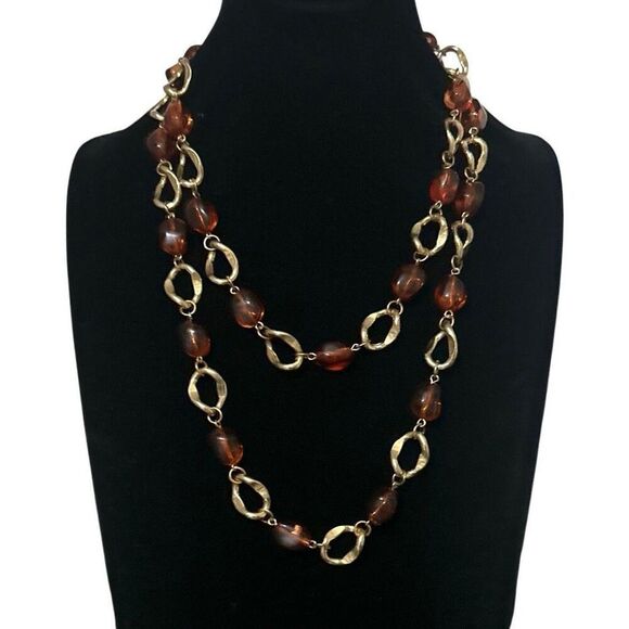Double Strand Chunky Amber Necklace Women's Gold-tone Hammered Ring Link Chain - Picture 5 of 6